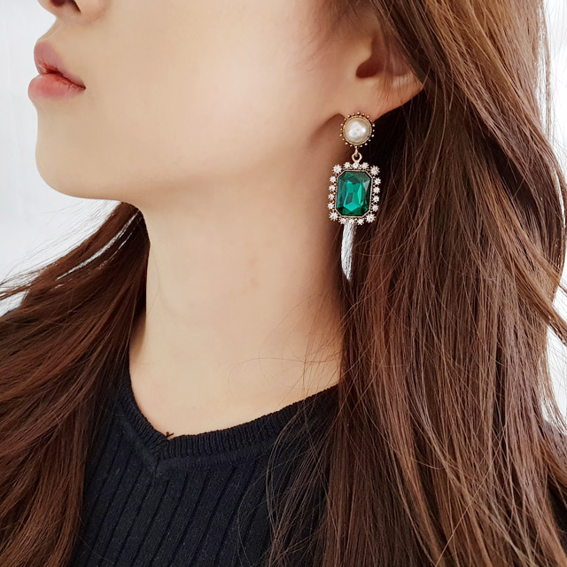핸드메이드 앤틱 진주 스퀘어 화려한 드롭 귀걸이 - 상세 이미지 2