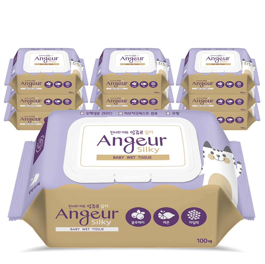 앙쥬르 실키 물티슈 100매 캡형 10팩 평량 55g 도톰 대용량