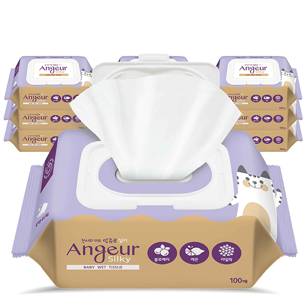 앙쥬르 실키 물티슈 100매 캡형 10팩 평량 55g 도톰 대용량