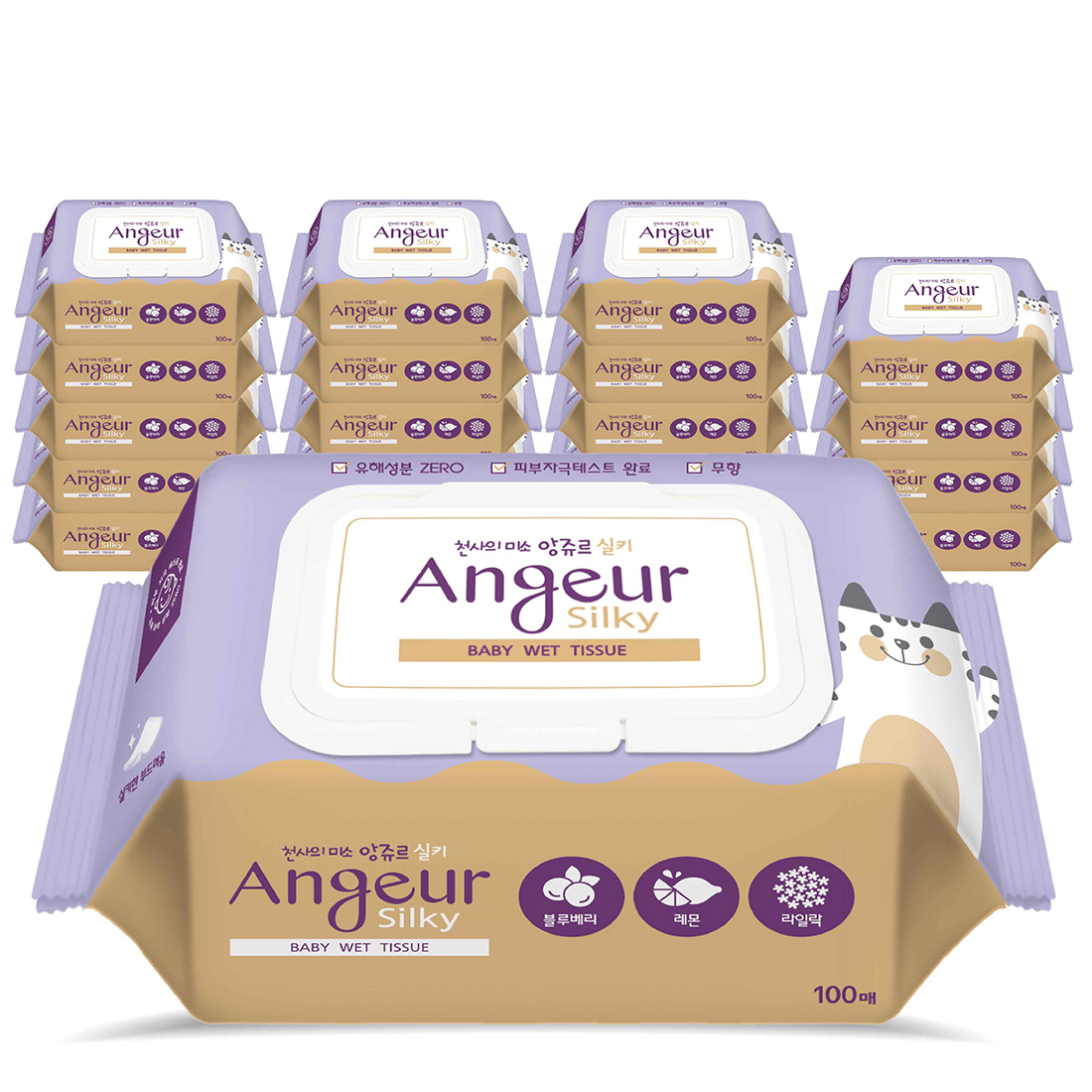 앙쥬르 실키 물티슈  100매 캡형 20팩 평량 55g 도톰 대용량