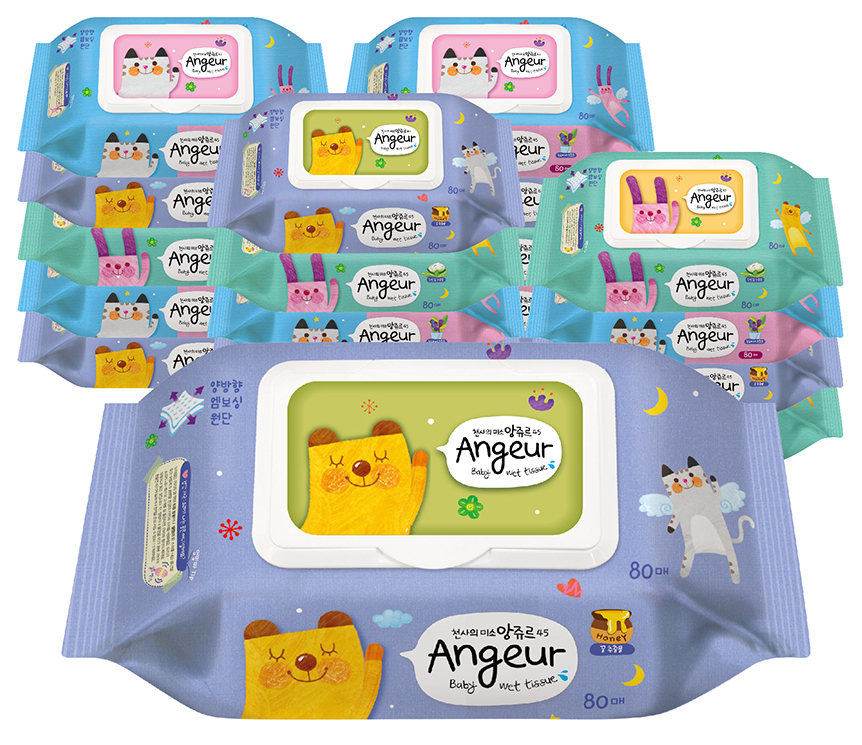 앙쥬르45 물티슈 엠보싱  80매 캡 20팩  순한 아기 물티슈