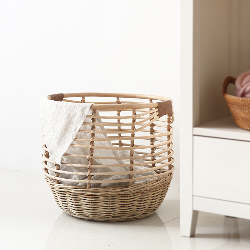 라탄바구니 가죽손잡이 수납 바스켓 정리 세탁 대형바구니 인형 빨래 담요