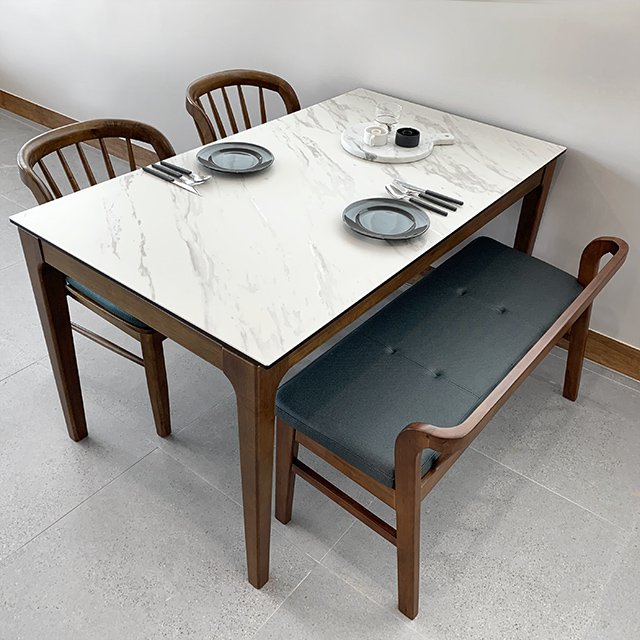 하프 4인용 원목 포세린 세라믹 식탁세트 식탁+의자2+벤치1, 1400mm, 마블화이트