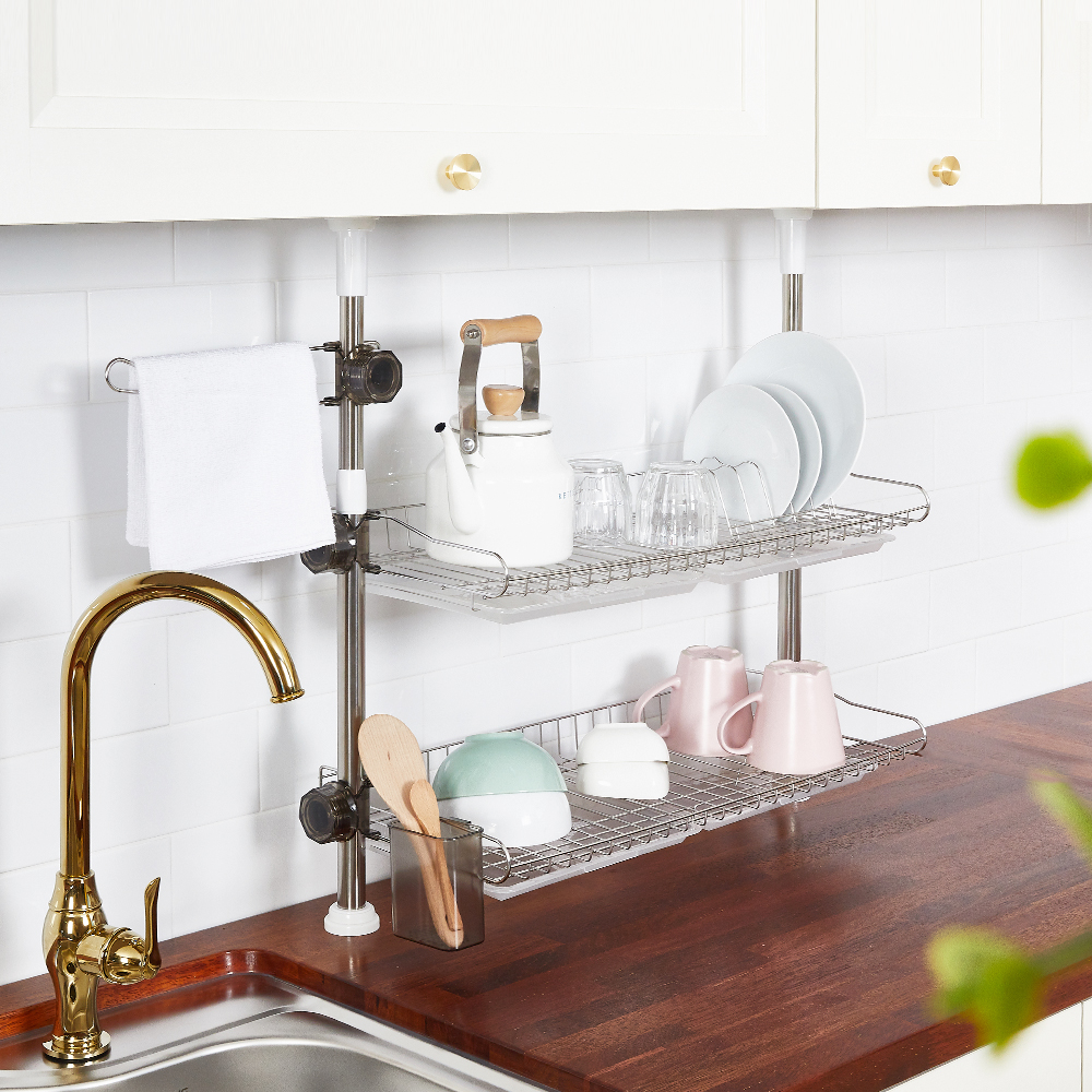 할메이드 싱크대선반 압축봉 기둥식 식기건조대 600 2단 골드