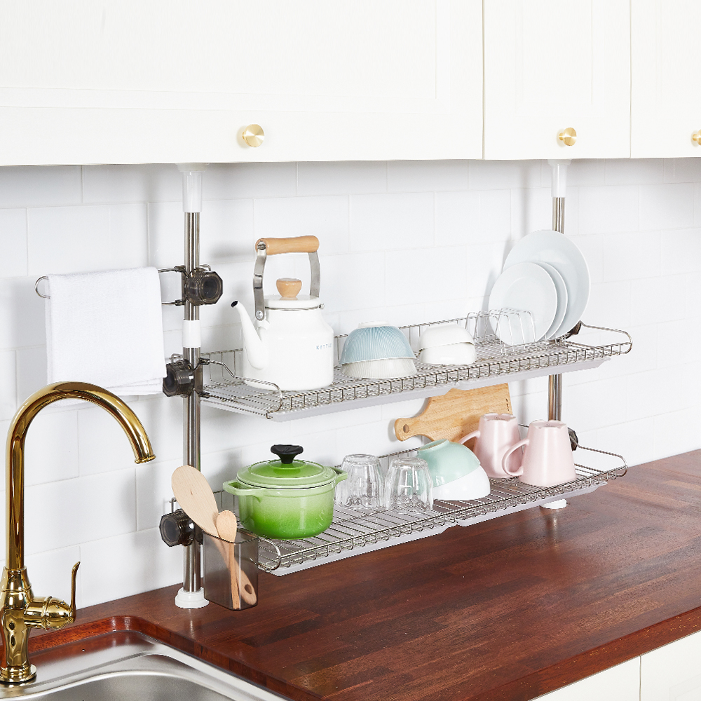 할메이드 싱크대선반 압축봉 기둥식 식기건조대 800 2단 골드