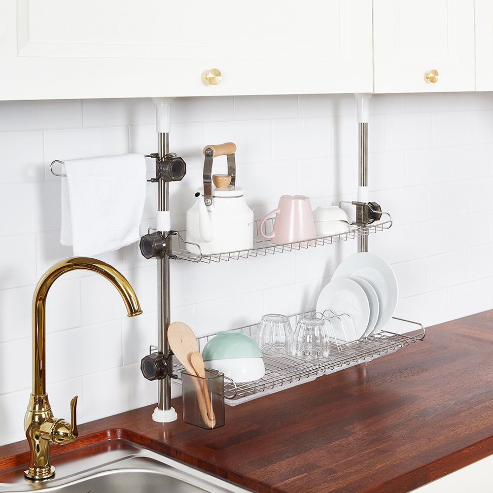 할메이드 싱크대선반 압축봉 기둥식 식기건조대 600 2단 실버