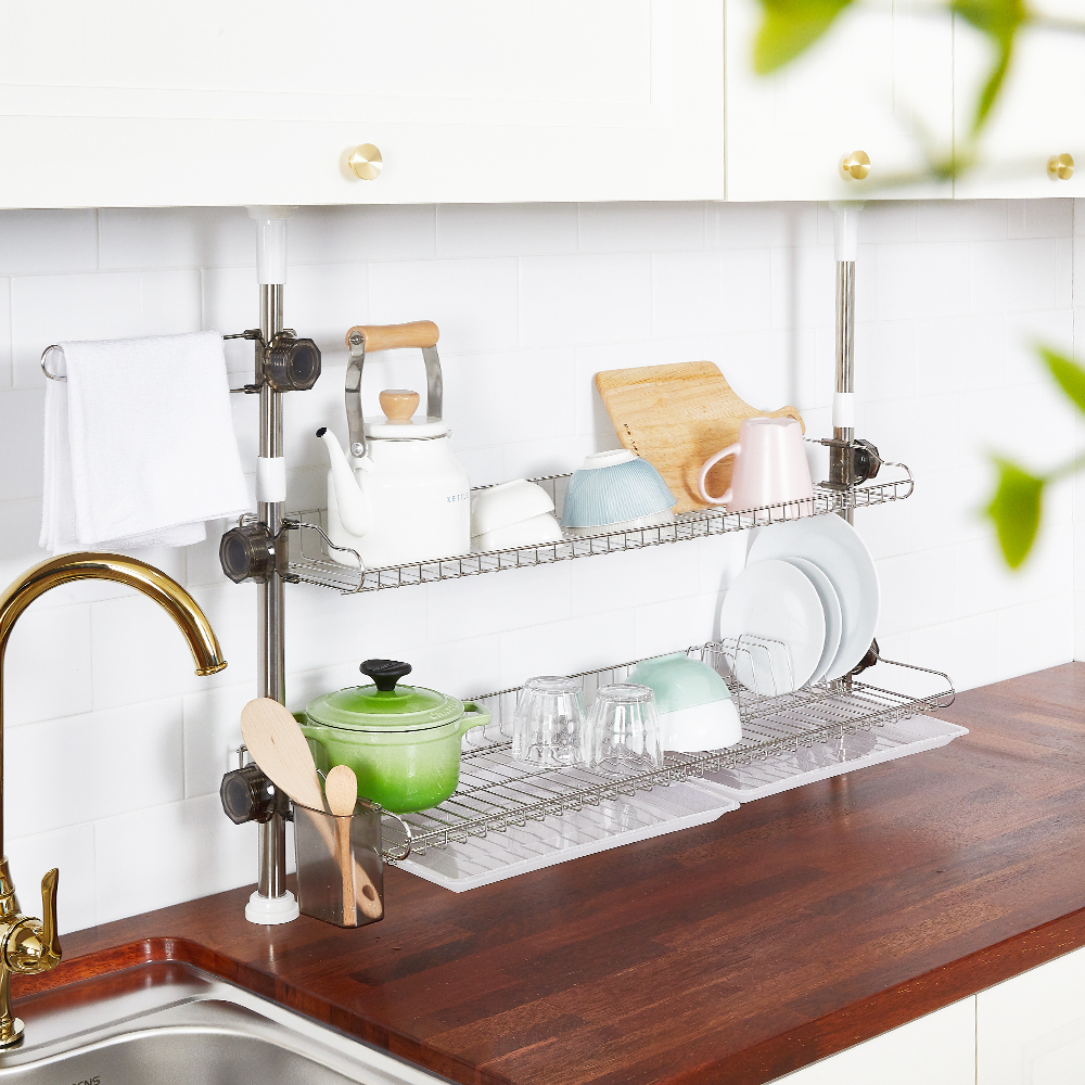 할메이드 싱크대선반 압축봉 기둥식 식기건조대 800 2단 실버