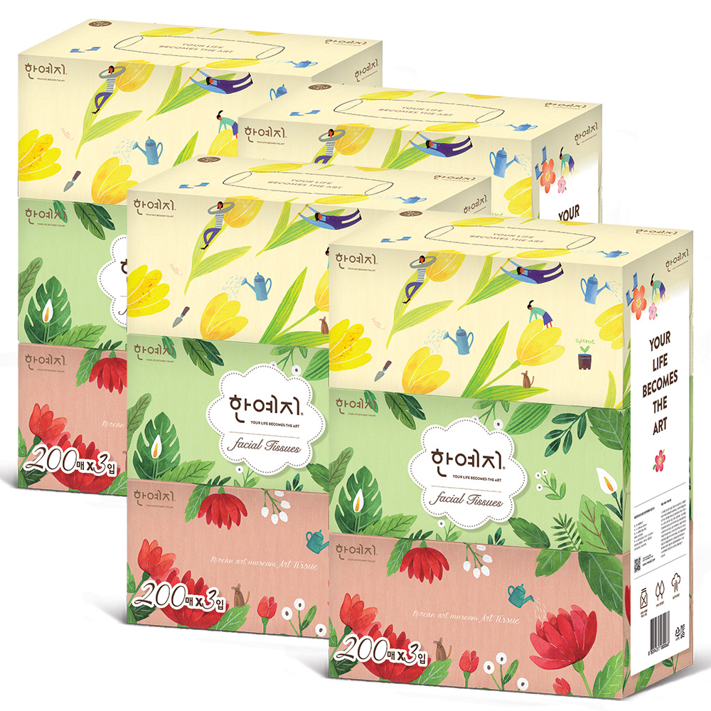 한예지 ART 무형광 곽티슈 각티슈 미용티슈 200매 3입 4팩