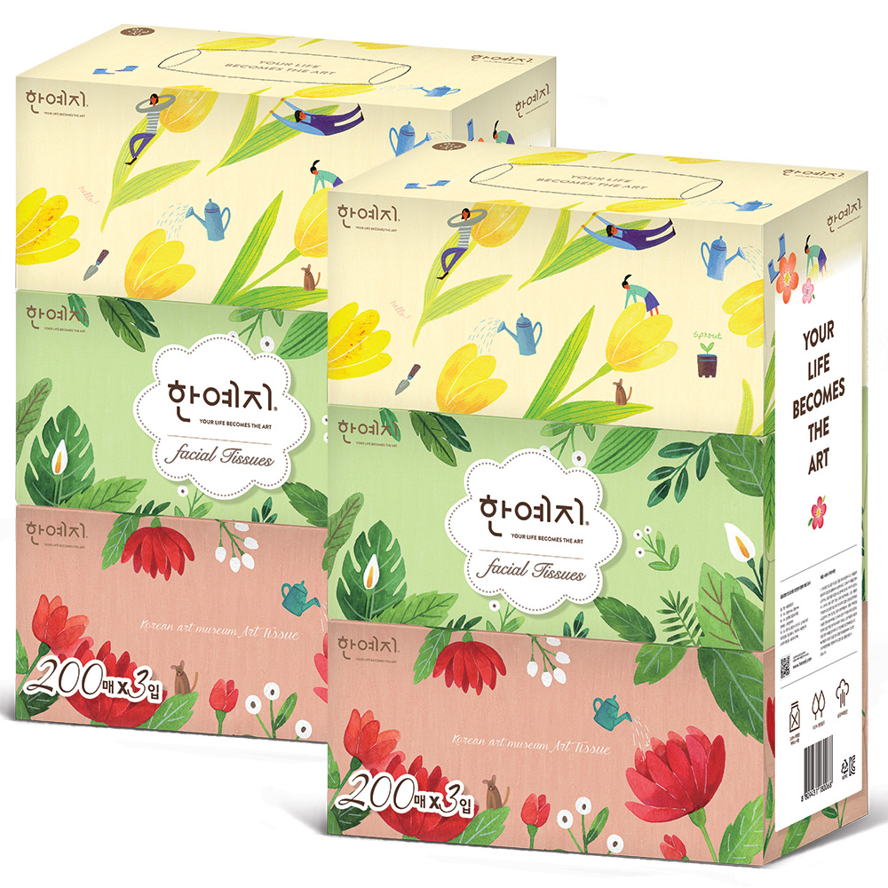 한예지 ART 무형광 곽티슈 각티슈 미용티슈 200매 3입 2팩