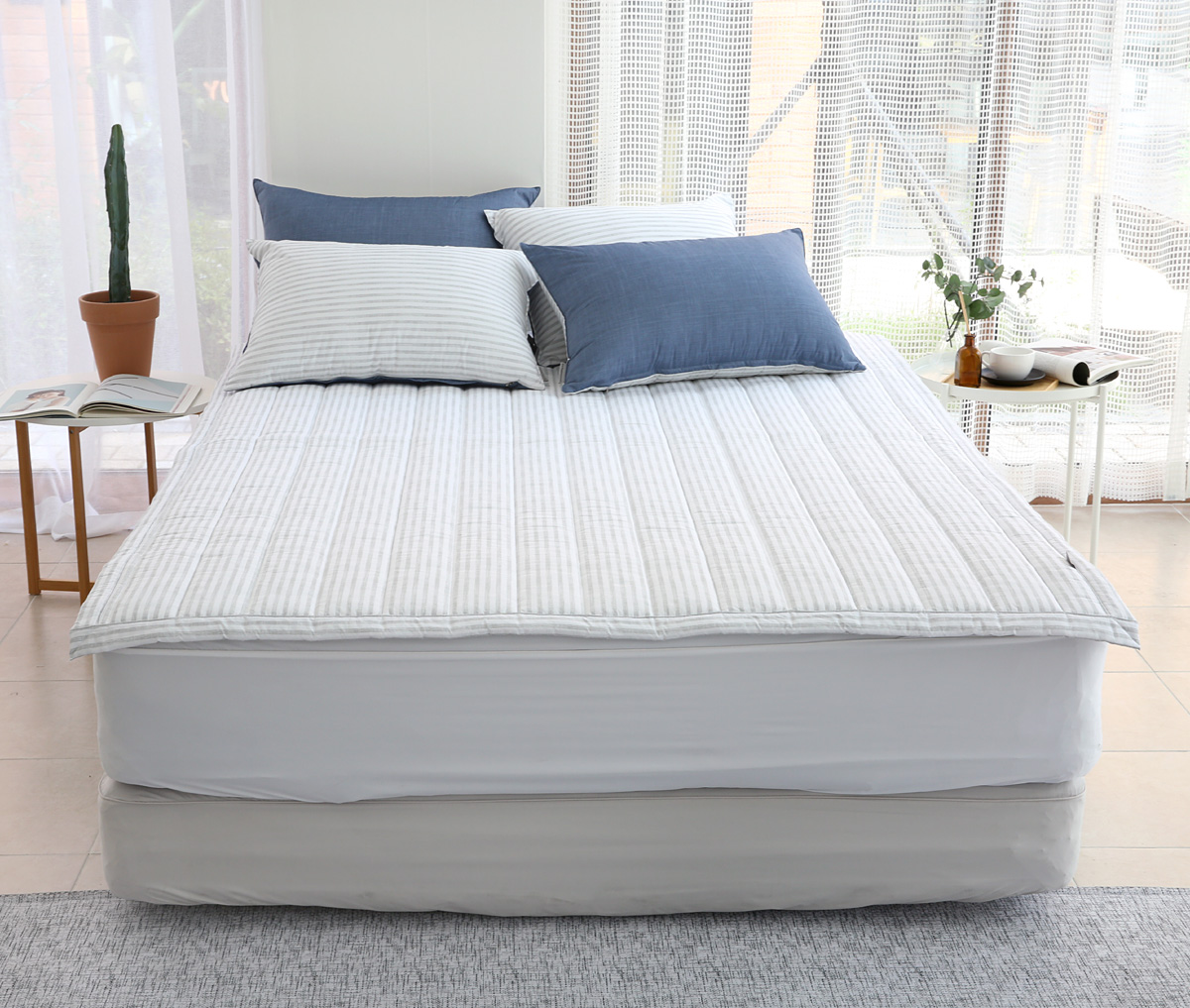 이불패드 침대패드 모달 내츄럴 스트라이프 알러지케어 고정밴드 SS