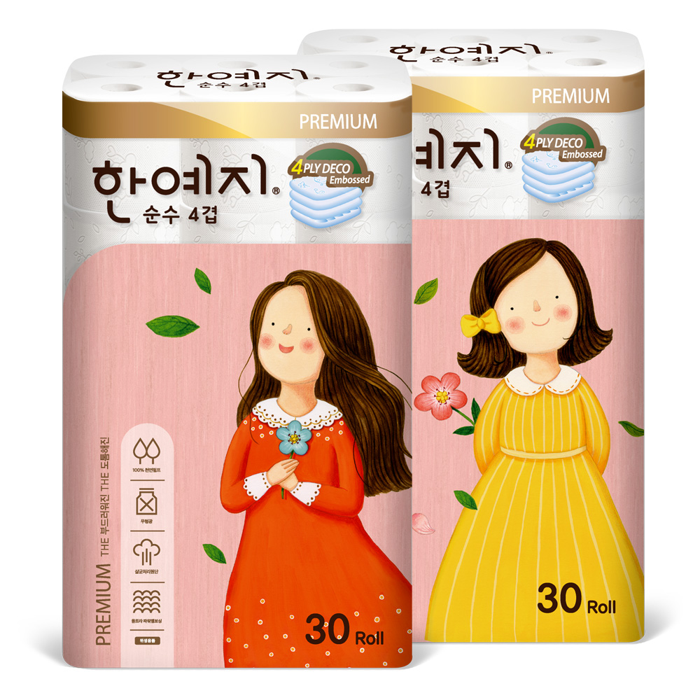한예지 천연펄프 프리미어 순수 4겹 화장지 25m, 30롤, 2팩