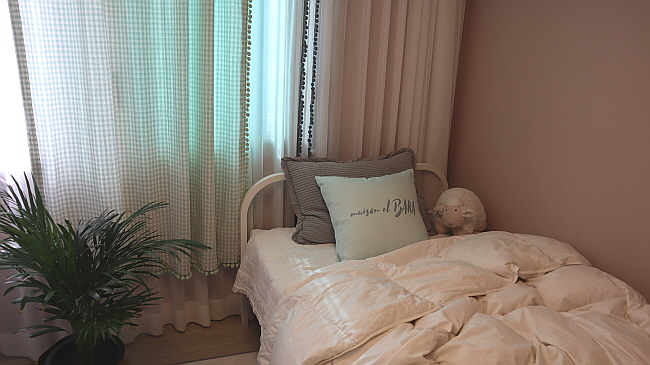 (맞춤제작)노랑체크 민트체크 (폼폼) 유아 키즈 아이방 작은창 가리개커튼