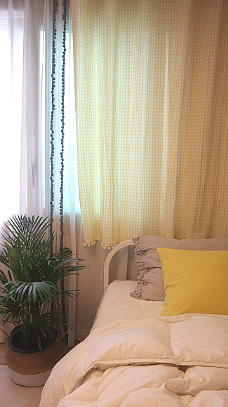 (맞춤제작)노랑체크 민트체크 (폼폼) 유아 키즈 아이방 작은창 가리개커튼