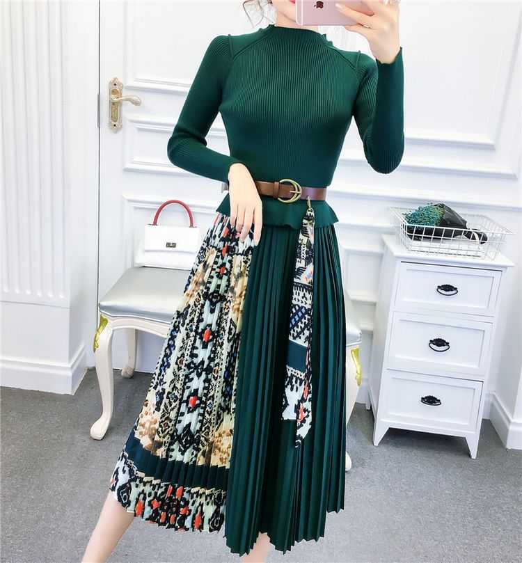 여자여자몰 패셔너블럭셔리 나염프린트배색 플리츠스커트 벨트 니트롱원피스