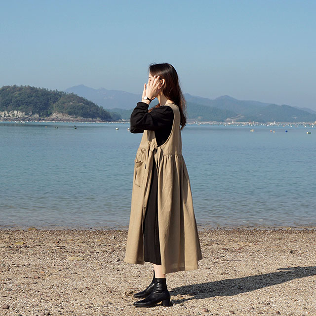 [한스데이] 루즈핏 롱 원피스 린넨 앞치마 자체제작 꽃집 공방 에이프런