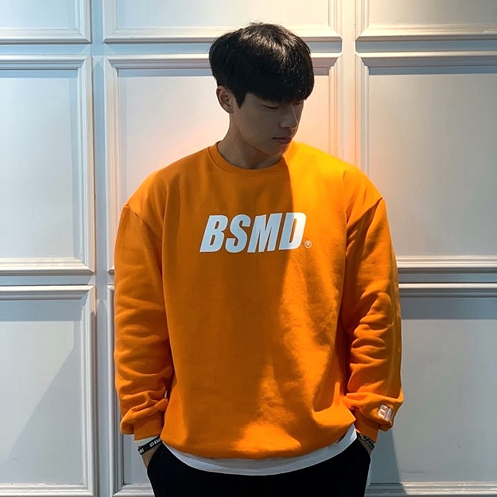 비스트모드 데일리 기모 맨투맨 헬스 오버핏 짐웨어 긴팔 티셔츠 오렌지 BSMD - 상품 이미지