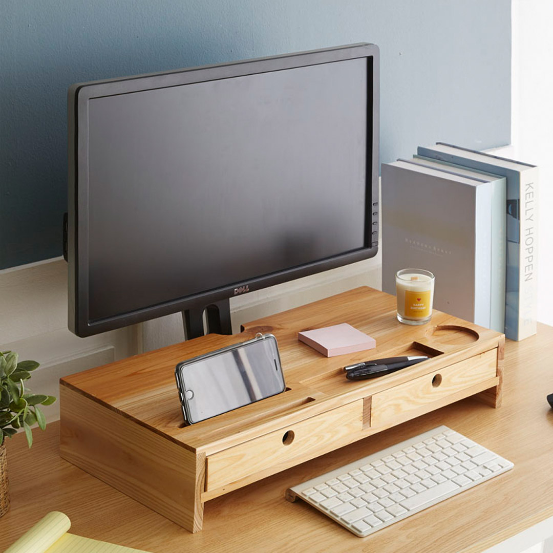 대나무 원목 모니터받침대 선반 서랍형