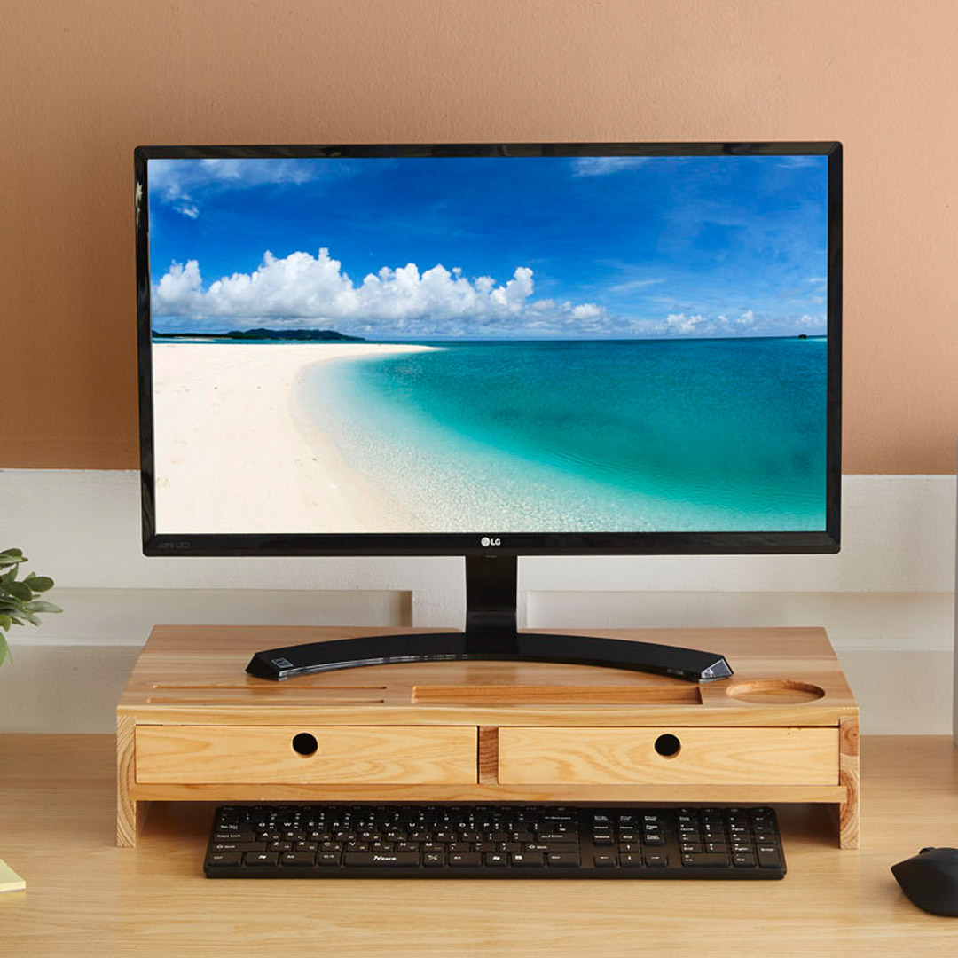 대나무 원목 모니터받침대 선반 서랍형