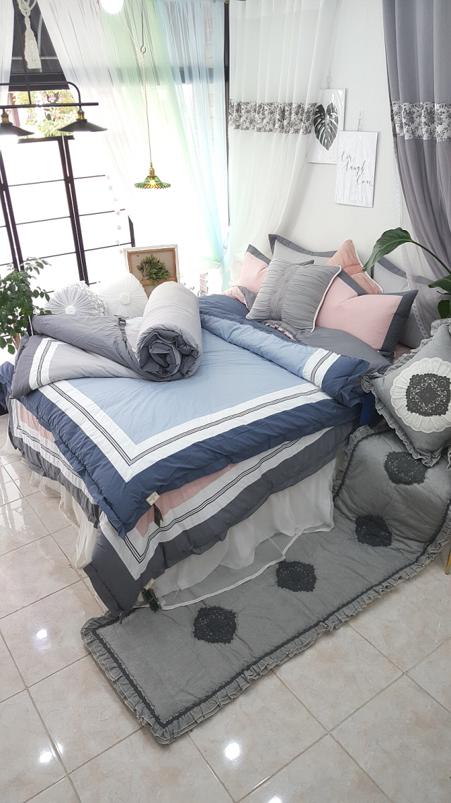 오월 로건 60수 고밀도 순면 차렵 이불 세트 퀸 사이즈 핑크 블루 그레이