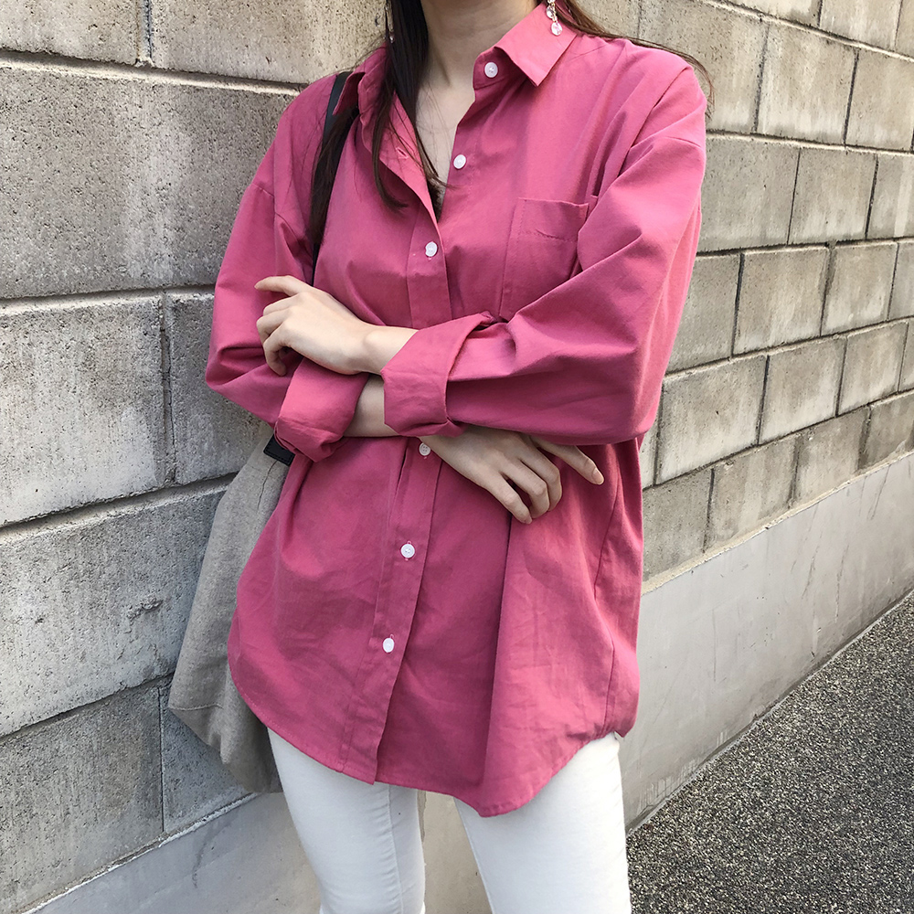 피치 기모 여성 셔츠 오버핏 간절기 가을 긴팔 남방 겨울 블라우스 핑크 검정 화이트 - 상품 이미지