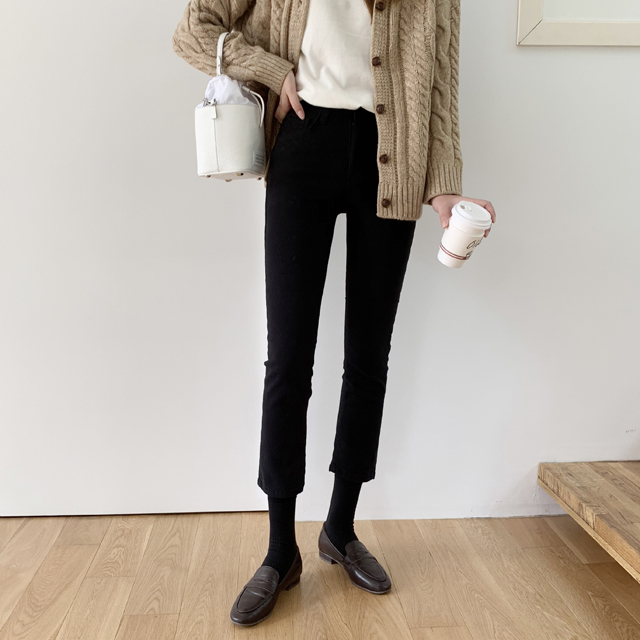 데일리 슬림 스판 일자 스키니 여성 면팬츠 블랙 크림 여자 밴딩팬츠 봄 가을 - 상품 이미지