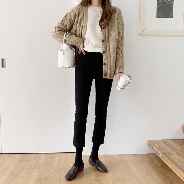 데일리 슬림 스판 일자 스키니 여성 면팬츠 블랙 크림 여자 밴딩팬츠 봄 가을 - 상세 이미지 2