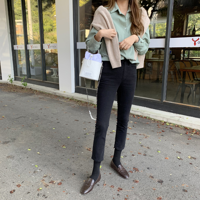 데일리 슬림 스판 일자 스키니 여성 면팬츠 블랙 크림 여자 밴딩팬츠 봄 가을 - 상세 이미지 4