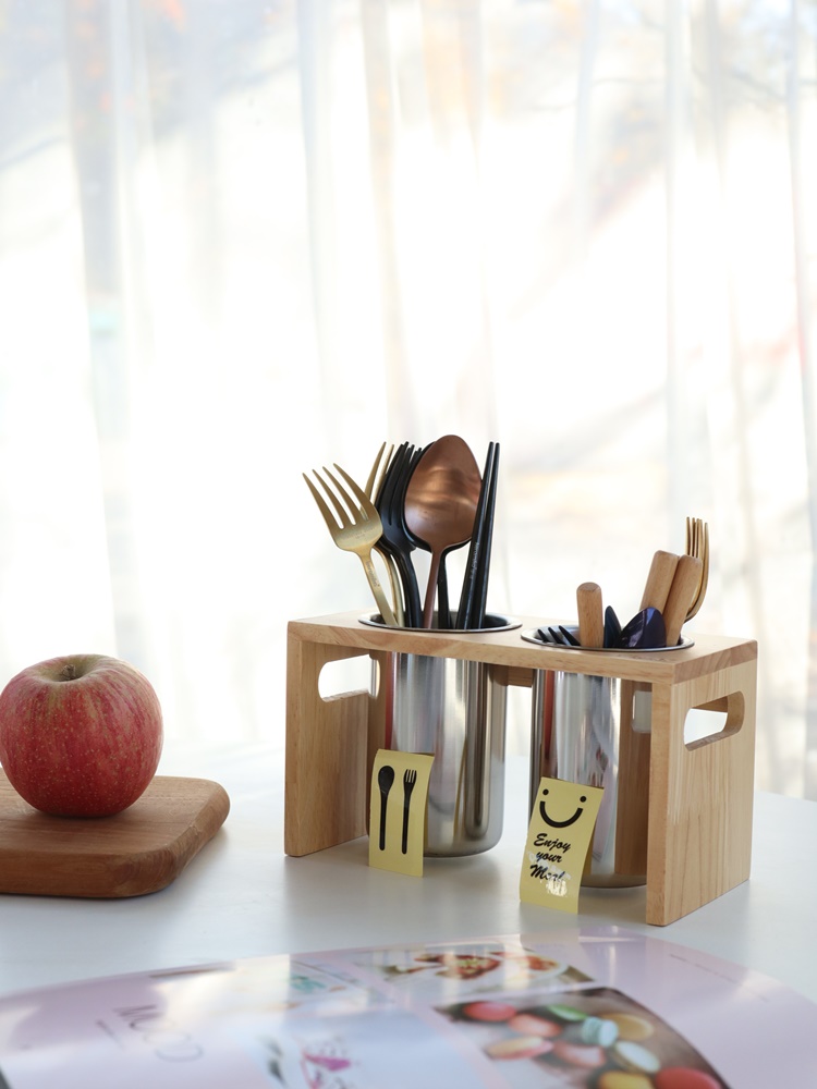 스마일 스테인레스 원목 3단 수저통