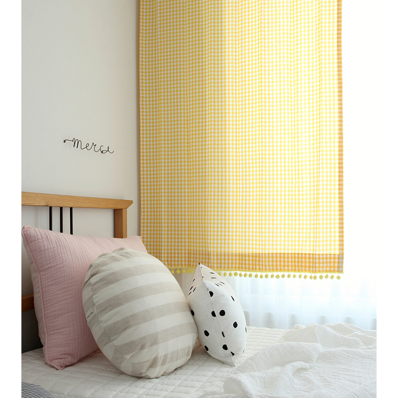 메르시폼폼 노랑 아이방 체크 아기방 커튼 s-가로100세로150
