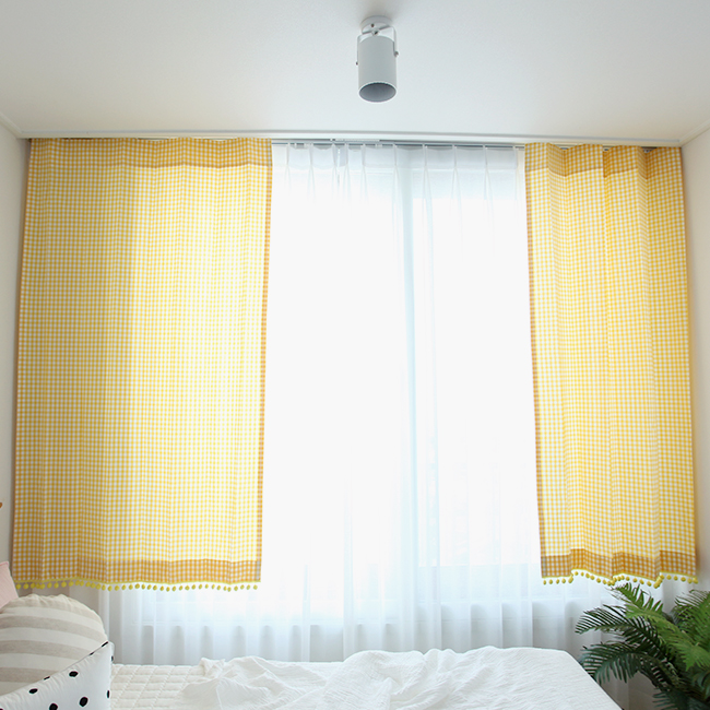 메르시폼폼 노랑 아이방 체크 아기방 커튼 s-가로100세로150