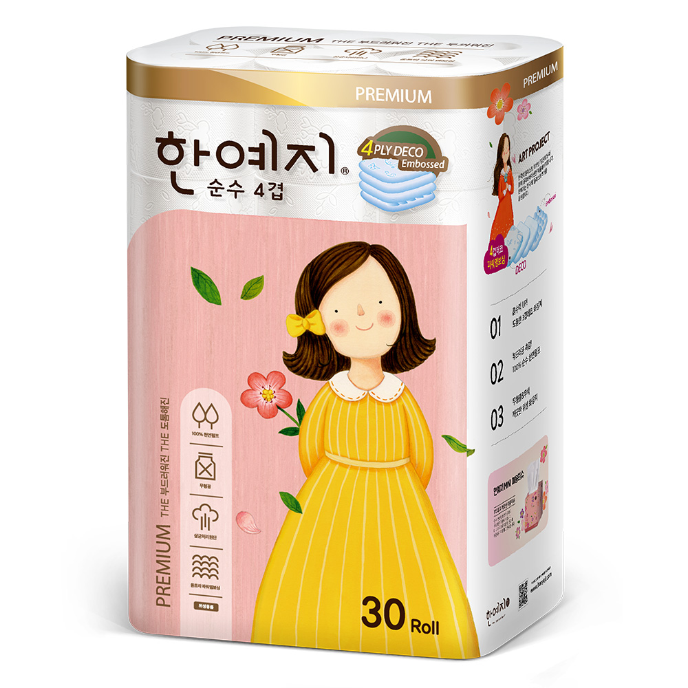 한예지 천연펄프 프리미어 순수 4겹 화장지 25m, 30롤, 3팩 - 상세 이미지 4