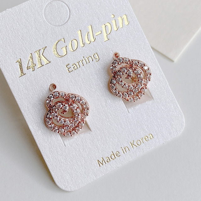 14K 금침 큐빅 장미 꽃 원터치 링 골드핀 귀걸이