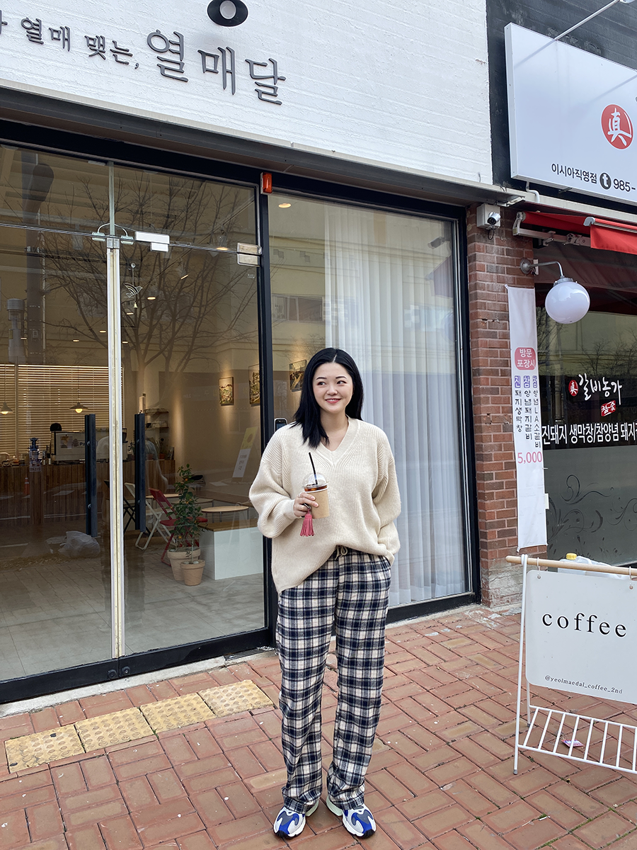 언클로젯 매일 입고 또 입는 체크 밴딩 바지 ( 키큰여자 슬림 일자 편한 포인트 팬츠 )
