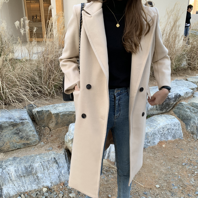 루즈핏 테일러드 더블 모직 울코트 카라 여성 겨울코트 여자 롱 코트 크림 블랙 이미지 2