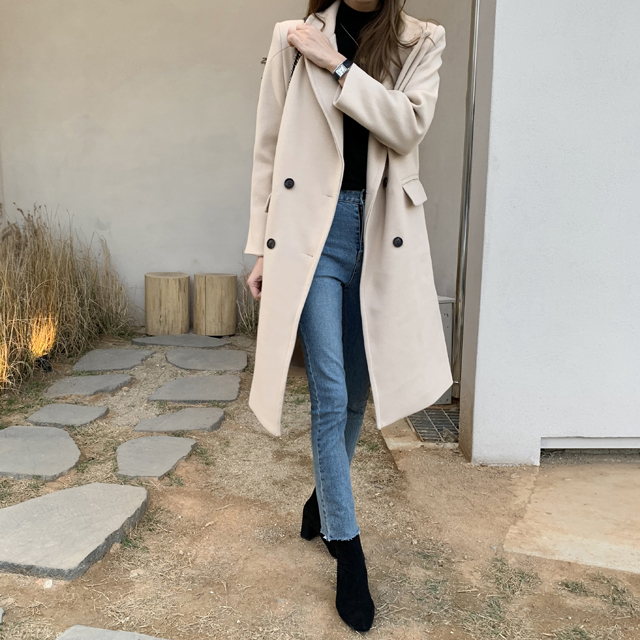 루즈핏 테일러드 더블 모직 울코트 카라 여성 겨울코트 여자 롱 코트 크림 블랙 이미지 3