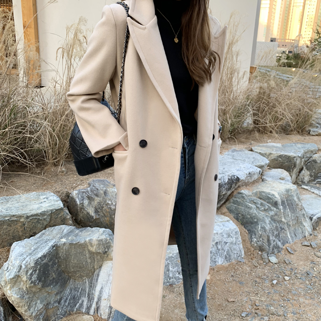 루즈핏 테일러드 더블 모직 울코트 카라 여성 겨울코트 여자 롱 코트 크림 블랙