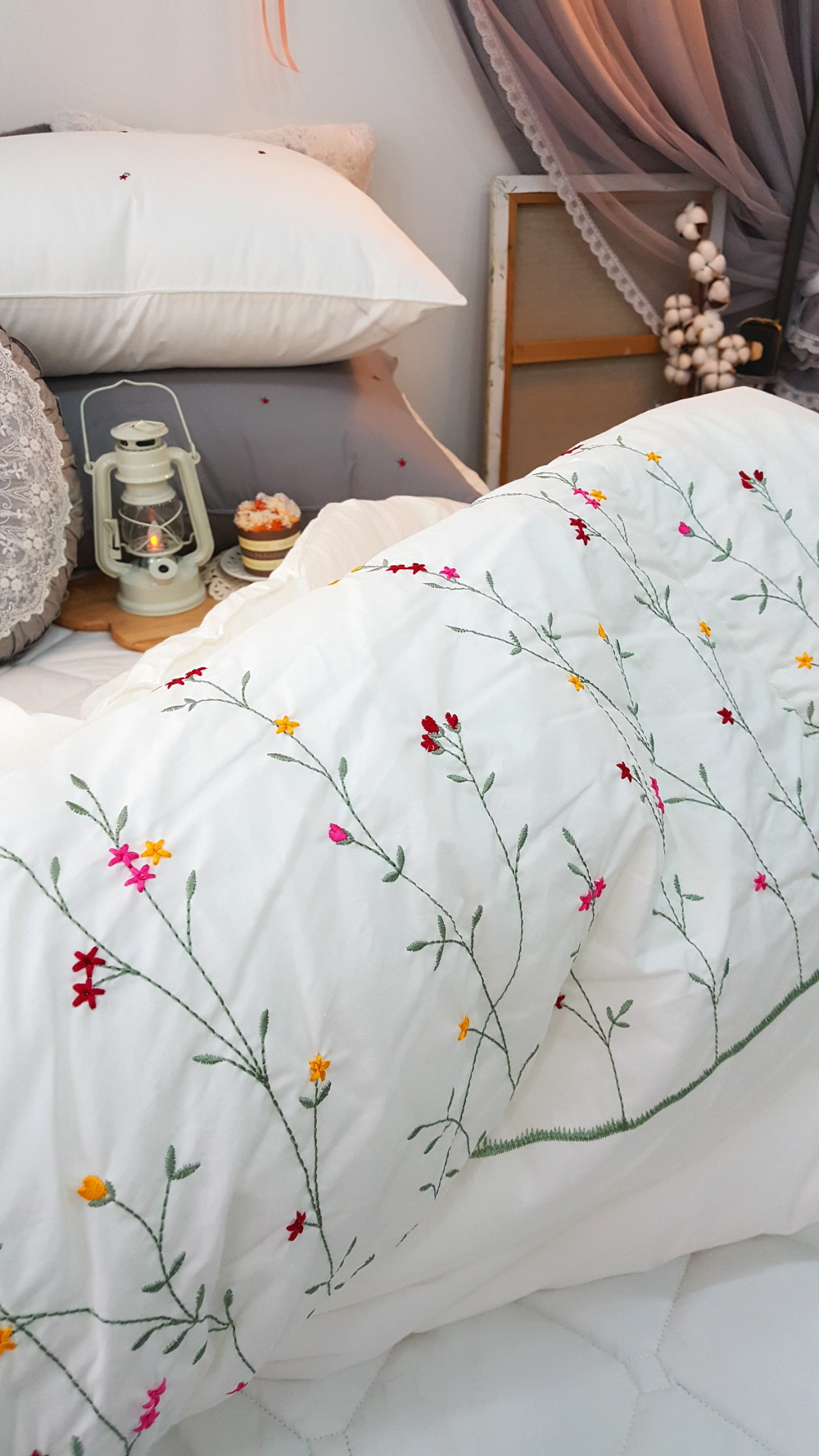 오월 들꽃 자수 고밀도 면 차렵 이불 침구 세트 퀸 사이즈 화이트