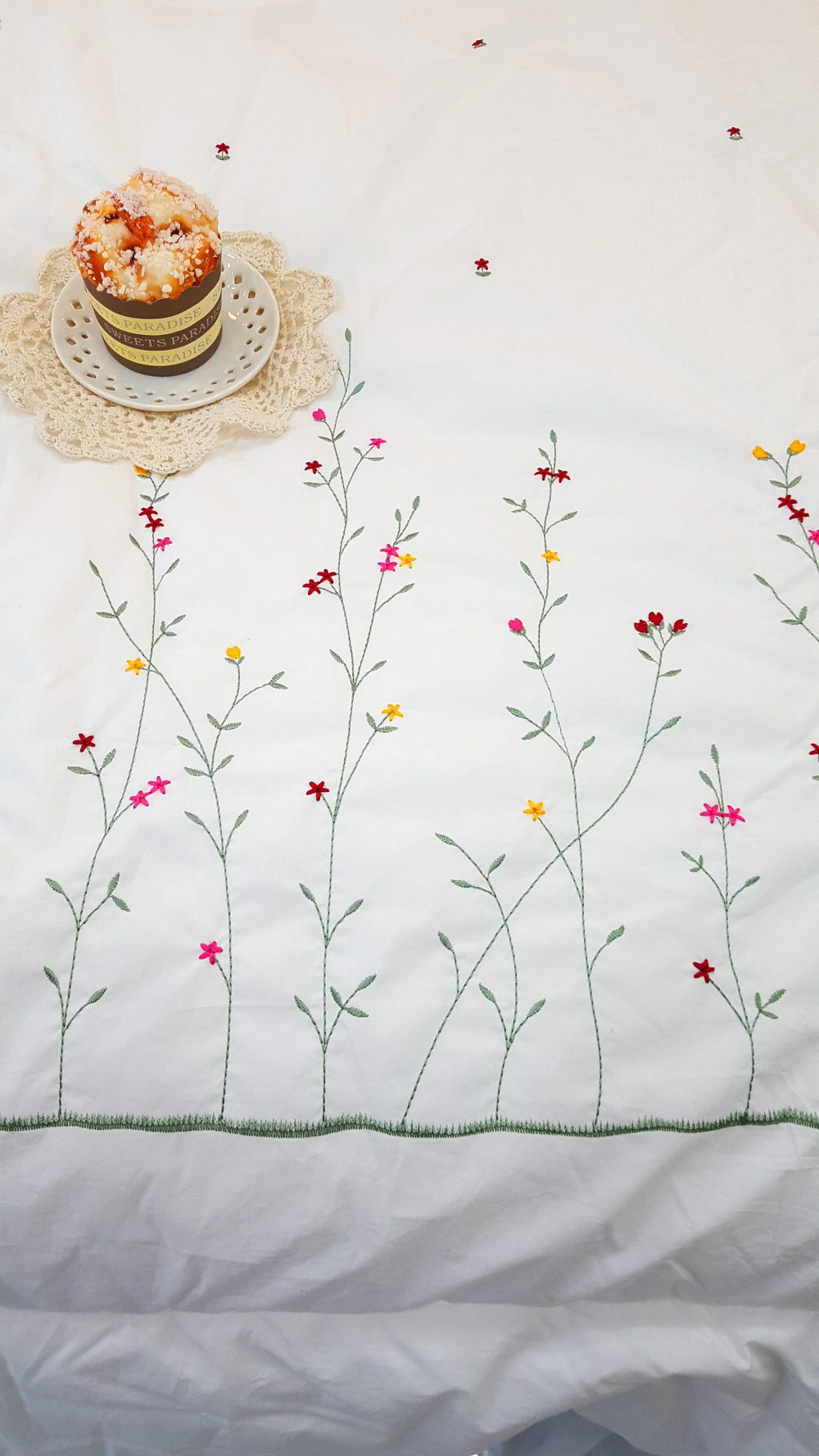 오월 들꽃 자수 고밀도 면 차렵 이불 침구 세트 퀸 사이즈 화이트