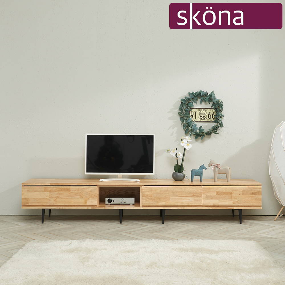 스코나 브레시 원목 2400 거실장 2종 세트(고무나무) 티비장 TV다이