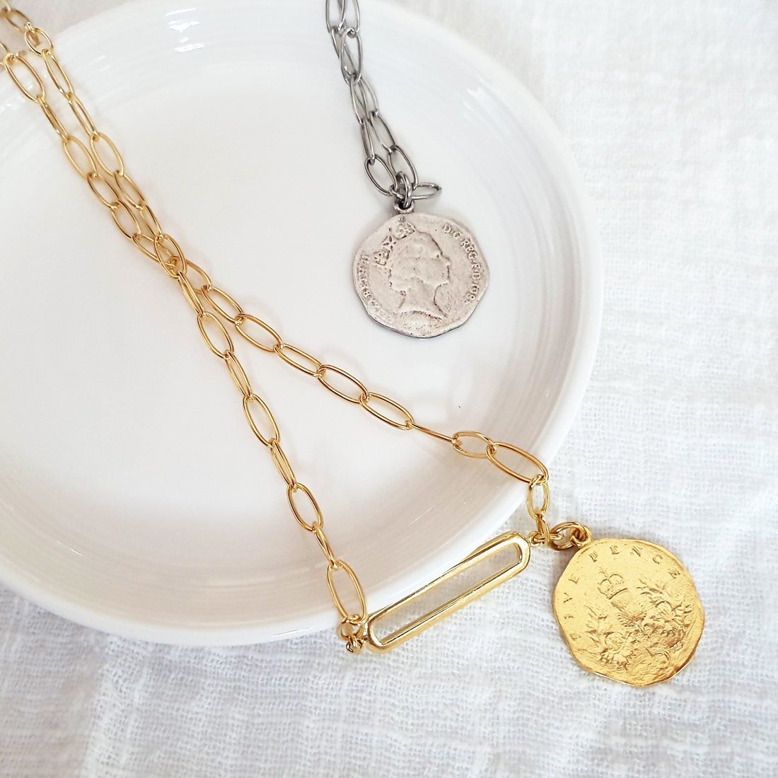 비반자크 925실버 양면 엘리자베스 5펜스 코인 클립 체인 목걸이 (18K 골드도금)