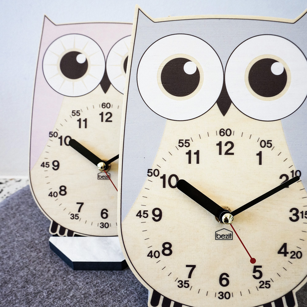 [베짓] 부엉이 아이방 인테리어 교육용 무소음 탁상시계 - 그레이, 핑크