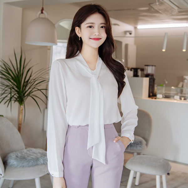 리본타이 베이직 쉬폰 블라우스 bs4922 - 메인 이미지