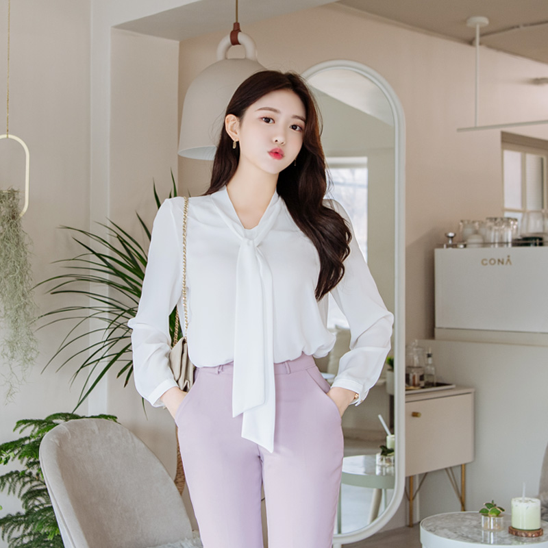 리본타이 베이직 쉬폰 블라우스 bs4922 - 상세 이미지 3