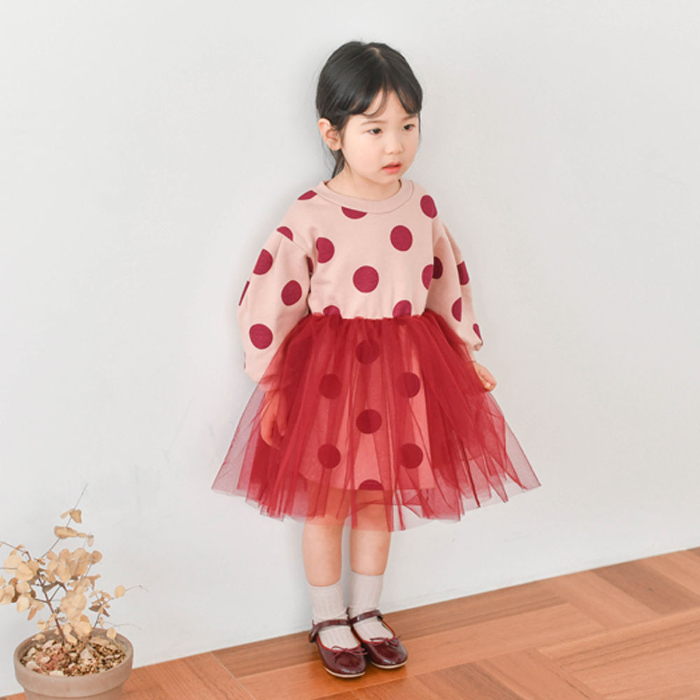 에트몽 도트 튜튜원피스 여아 아동 아이보리 와인 핑크 루즈핏 - 상세 이미지 5