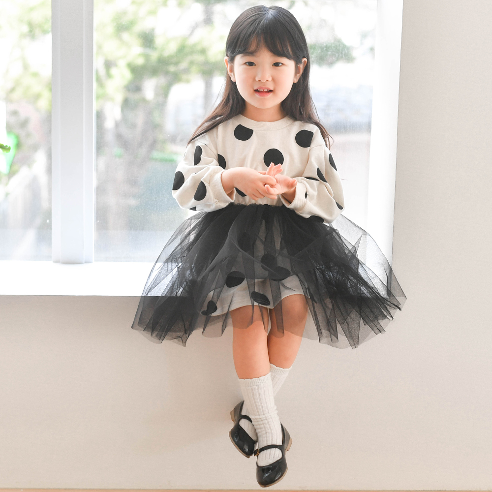 에트몽 도트 튜튜원피스 여아 아동 아이보리 와인 핑크 루즈핏 - 상세 이미지 3
