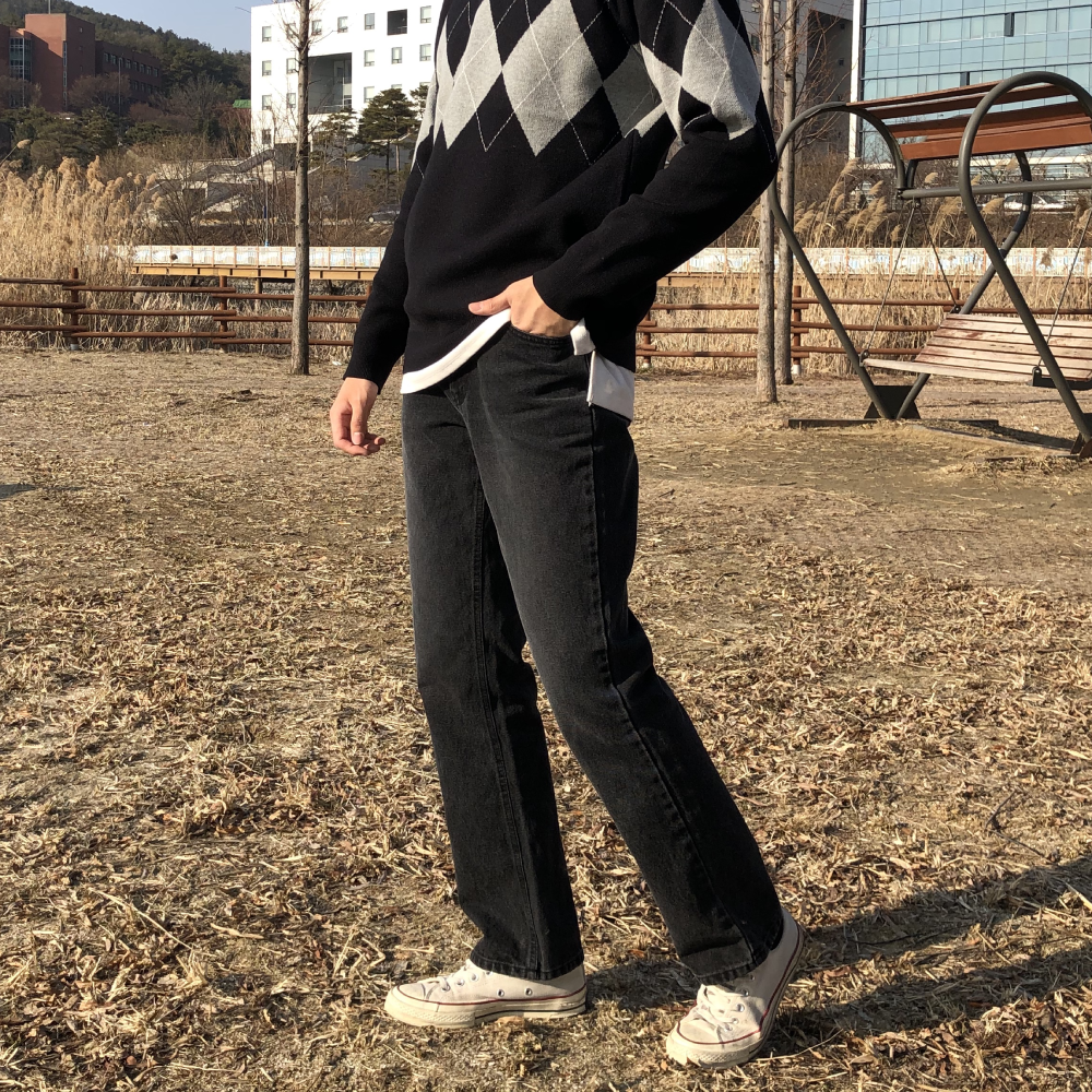 남자 일자 롱 세미 와이드 레귤러핏 데님 흑청 바지 이미지 6