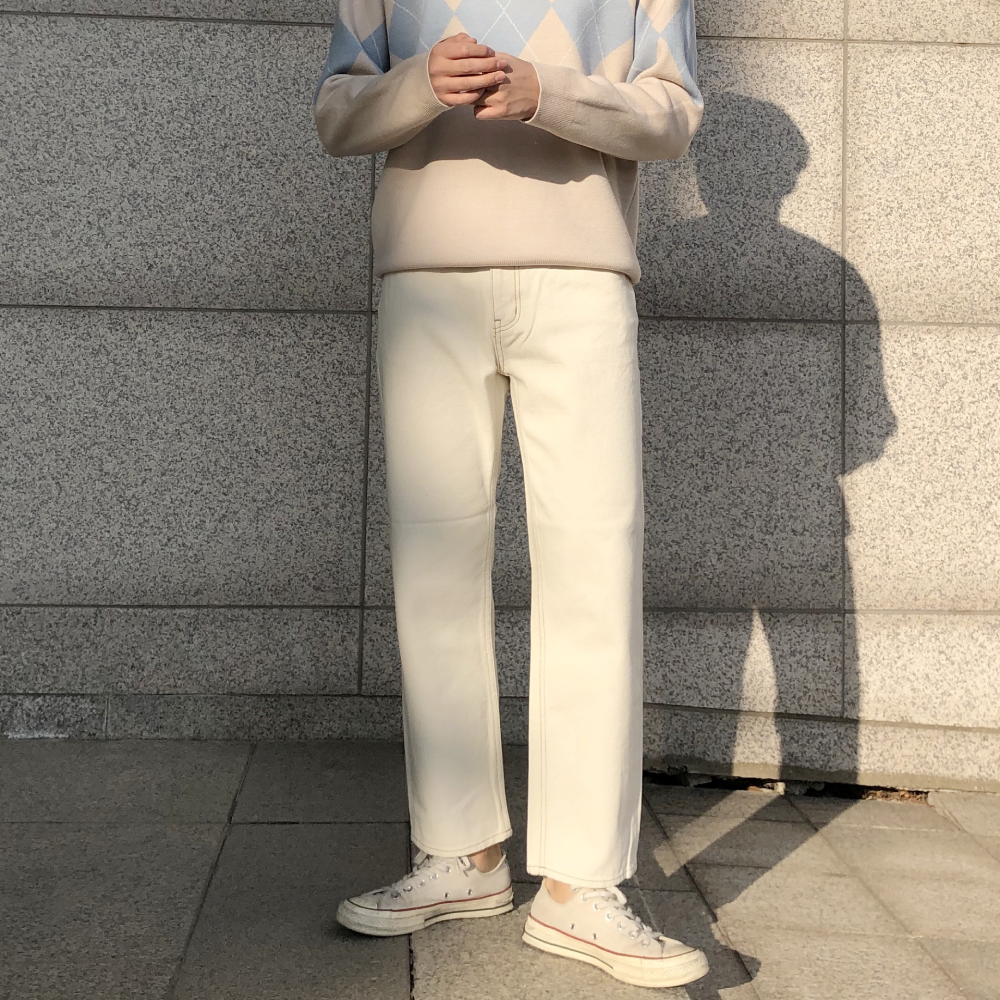 남자 일자 세미 와이드 레귤러핏 스티치 크림진 바지 - 상품 이미지