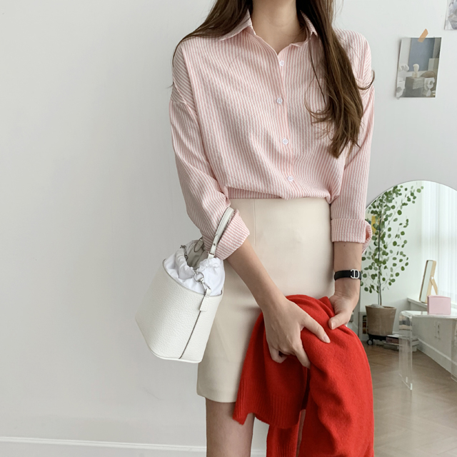 루즈핏 레이어드 카라 여성 스트라이프 셔츠 여자 남방 거즈 셔츠 봄 가을 - 상세 이미지 2