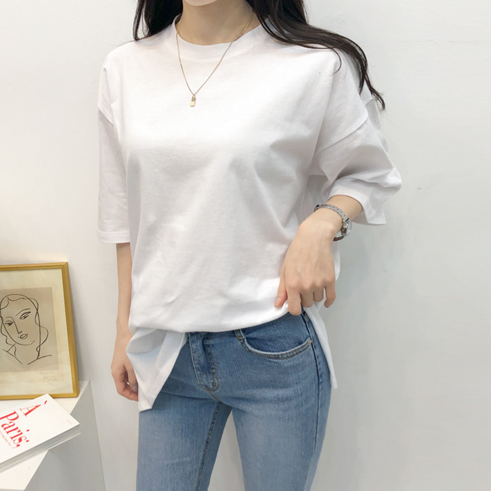 1+1 레이어드 레깅스 코디 오버핏 옆트임 이너 무지 반팔 롱 티셔츠 - 상품 이미지