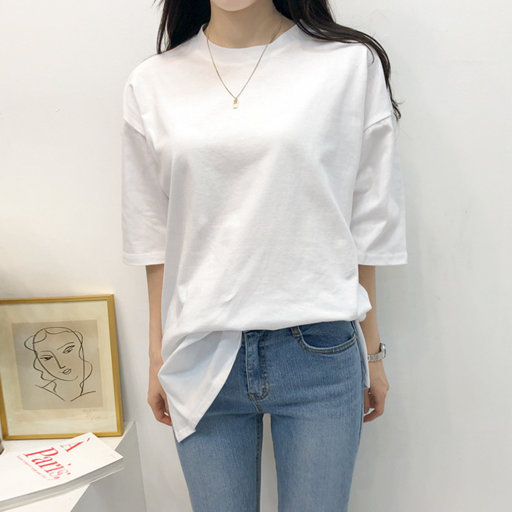 1+1 레이어드 레깅스 코디 오버핏 옆트임 이너 무지 반팔 롱 티셔츠 - 상세 이미지 4